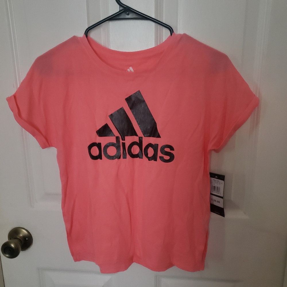 ⭐Adidas Youth Girls Coral Short Sleeve Tee Black Sparkly Logo Acid Red L(14) NWT